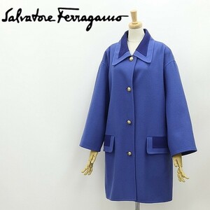 イタリア製◆Salvatore Ferragamo サルヴァトーレ フェラガモ 金釦 バイカラー ウール バックベルト コート M