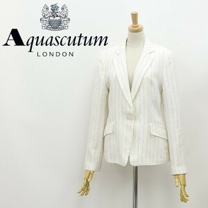 ◆Aquascutum アクアスキュータム リネン ストライプ柄 1釦 ジャケット 白 ホワイト×ブラック 9