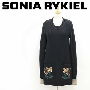 美品◆SONIA RYKIEL ソニアリキエル 花 フラワー刺繍 ポケット ウール ニット チュニック 黒 ブラック S