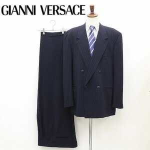 ◆GIANNI VERSACE COUTURE ジャンニヴェルサーチクチュール 裏地メデューサ柄 ストライプ ダブル スーツ セットアップ 紺 ネイビー 56/54