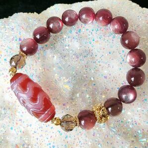 592 水紋天珠 赤 ×パープルマイカ×スモーキー 天然石ブレス