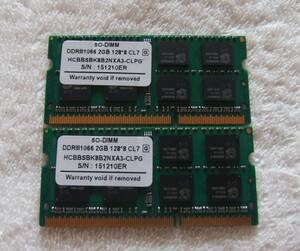 ノートPC用メモリ 2GB SO-DIMM DDRIII1066 HCBBSBK82NXA3-CLPG 2GBX2 計：4GB 中古 42