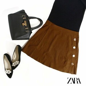 美品 ZARA knit ザラ ニット ■ 合物 ストレッチ Aライン 台形 ニットスカート M ブラウン 茶色 ゴールドボタン ミニスカート 秋 冬