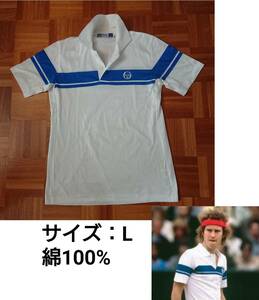 [80s unused ] Sergio Tackey ni polo-shirt (L) white × blue inside . made / John *ma ticket low / cotton 100%/ wing bru Don /