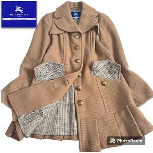 BURBERRY BLUE LABEL バーバリーブルーレーベル ノバチェック　ウールコート　プリーツ　キャメル　３８金ボタン　女優襟　レディース　M