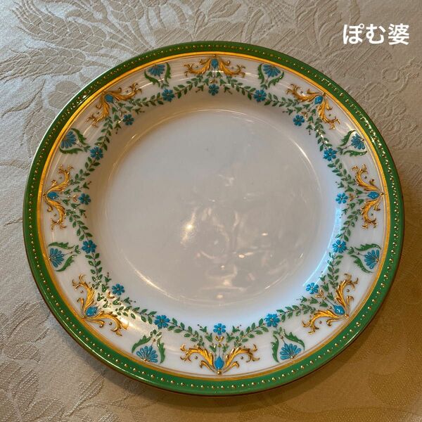 【古ミントン】金彩 金盛 エナメル 皿 プレート「青と緑のエナメルガーランド」