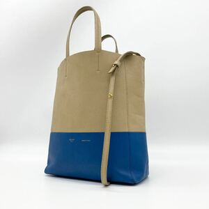 CELINE セリーヌ 2way ショルダーバッグ カバスモール バイカラー ベージュ ブルー レザー トートバッグ フィービー期 ゴールド金具 正規品