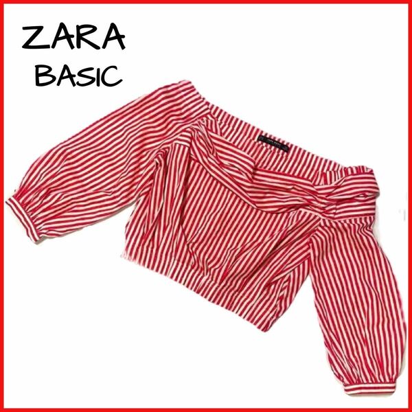 ZARA BASIC ザラ　ベーシック　赤ストライプ　クロップド　長袖　シャツ　ブラウス　レディース