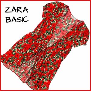 ZARA BASIC ザラ　ベーシック　赤　花柄　前開き　ワンピース　レディース