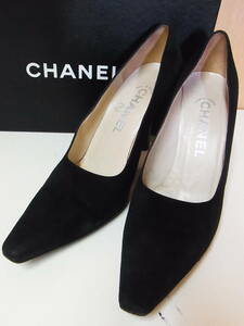 TS 綺麗 フランス製 CHANEL シャネル ロゴヒール スエードレザー パンプス 黒 サイズ37