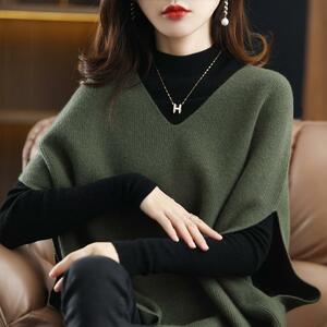 [ green color *L] knitted the best lady's pull over V neck autumn winter 