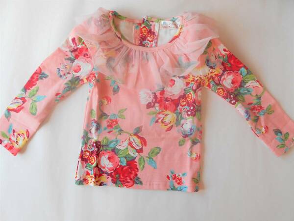 【新品】キッズ　Tシャツ　ロング　フリル襟　花柄　ピンク　１００センチ