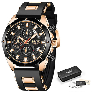 LIGE 高品質 クオーツ 腕時計 クロノグラフ 防水 メンズ ウォッチ ファッション ビジネス 時計 シリコンバンド ローズゴールド × ブラック