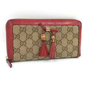 【中古】GUCCI バンブータッセル ジップアラウンドウォレット ラウンドファスナー長財布 GGキャンバス ベージュ レッド 269991