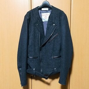 Harris Tweed Com2ons Code ハリスツイード コモンスコード ウール ダブルライダースジャケット グレー サイズ3 日本製 レザー 