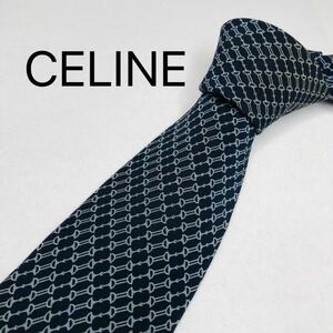 CELINEセリーヌ　ネクタイ　ハイブランド　ホースビット柄ネイビー　高級シルク100％