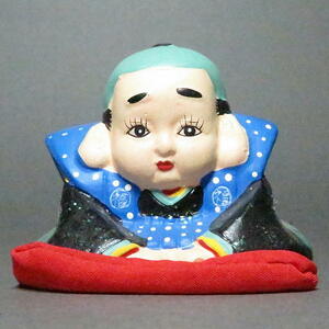 昭和レトロ【 福助人形 】赤座布団付 土人形 g2832