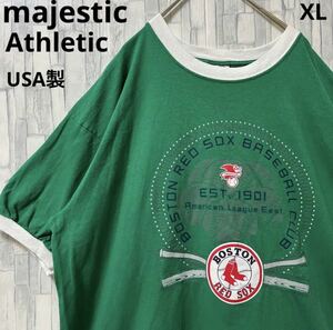 majestic Athletic マジェスティック ボストン レッドソックス リンガーネック Tシャツ 半袖 サイズXL グリーン ビッグロゴ デカロゴ USA製