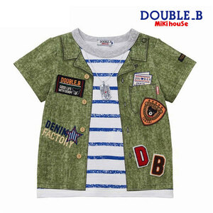 日本製/新品タグ★ミキハウスDB/Double_B★だまし絵プリント柄の半袖Ｔシャツ ボーダーT オープンカラーシャツ ネックレス風の立体モチーフ