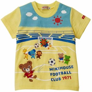 黄/日本製/新品タグ★ミキハウス★MIKIHOUSE★プッチーゴルフ＆サッカー半袖Tシャツ プッチーがゴルフとサッカーに挑戦する姿が楽しい