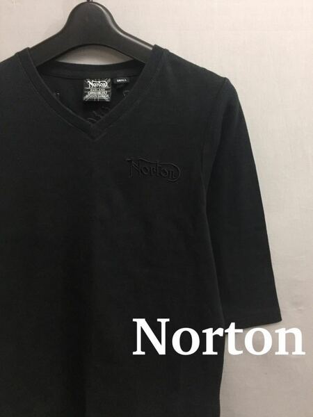 ノートン Norton モーター サイクル イングランド Vネックス ストレッチ Tシャツ 七分袖 刺繍 ブラック メンズ Sサイズ ～△&