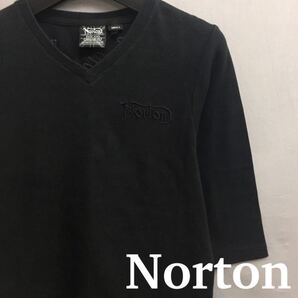 ノートン Norton モーター サイクル イングランド Vネックス ストレッチ Tシャツ 七分袖 刺繍 ブラック メンズ Sサイズ ~△&