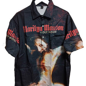 海外直輸入品★マリリンマンソン Marilyn Manson 『Holy Wood/ホーリーウッド』アルバムプリント 半袖シャツ【Lサイズ】 総柄 バンドT