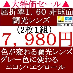 ▲大特価セール▲メガネレンズ交換 ニコン・エシロール 1.60 ＡＳ 調光レンズ グレー色に変わる 1 NS16