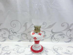 RUNE ルネの陶器 オイルランプ キャンドル 卓上ランプ 花柄 白/赤 未使用 長期保管 昭和レトロ 当時物