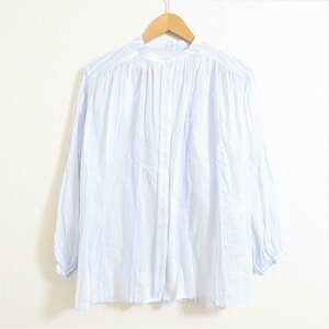 美品 20SS 23区 ニジュウサンク マルチストライプ柄 リネン×シルクブレンド 長袖 バンドカラーシャツ ブラウス 38 マルチカラー