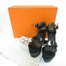 美品 HERMES エルメス イラナ エナメル×スエード ウェッジソール アンクルストラップ エスパドリーユ サンダル サイズ36 約23cm ブラック_画像1