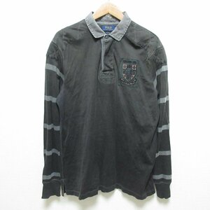 美品 POLO RALPH LAUREN ポロラルフローレン CUSTOM FIT ワッペン ヴィンテージ加工 長袖 ポロシャツ ラガーシャツ L チャコールグレー