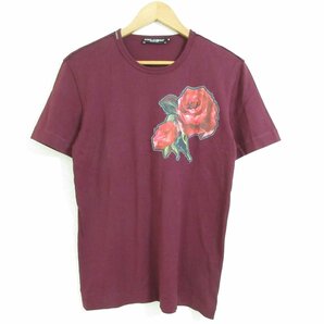 美品 DOLCE&GABBANA ドルチェ＆ガッバーナ シルクブレンド エンブロイダリー バラワッペン 半袖 Tシャツ カットソー 46 ワインレッドの画像1