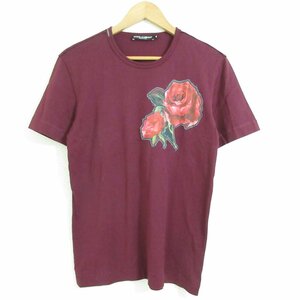 美品 DOLCE&GABBANA ドルチェ＆ガッバーナ シルクブレンド エンブロイダリー バラワッペン 半袖 Tシャツ カットソー 46 ワインレッド