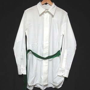 クリーニング済 美品 20AW PLAN C プランシー リボンベルトデザイン 比翼 チュニックシャツ ロングシャツ 42サイズ ホワイト×グリーン