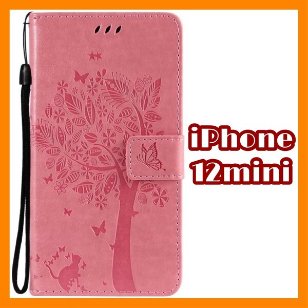 【iPhone12mini】iPhoneケース スマホカバー ピンク ネコ バタフライ 手帳型 ストラップ かわいい おしゃれ 韓国 #0134C #0134
