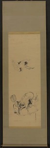 194 【模写】 掛軸 狩野探龍 筆 「鶴に福禄寿の図」 紙本