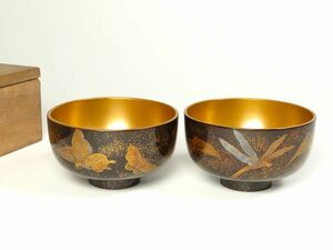 [5671] Meiji era sake cup and bottle tool flowers and birds map lacqering sake cup one against ( the first goods * purchase goods )