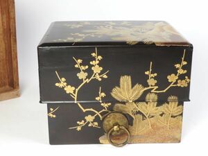 [5708] Meiji era . tool pine bamboo plum map lacqering tea box . tree go in box attaching ( the first goods * purchase goods )