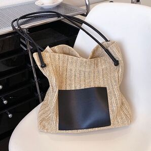 レザー コンビ ストローバッグ ブラック 黒 トートバッグ お洒落 ポーチ付き