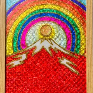 赤富士と虹開運幸運ステンドグラスハンドメイド虹の空ガラス絵の具アート絵画