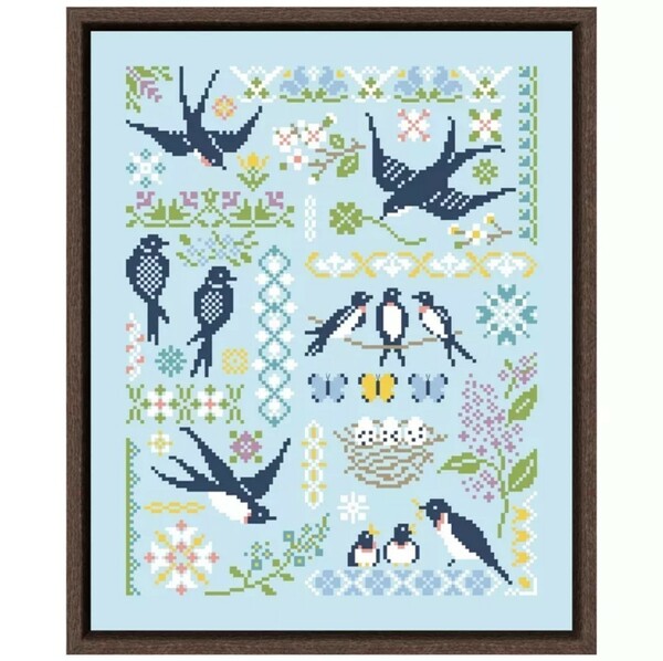 クロスステッチキット swallows in spring (ライトブルー) 幸せを運ぶ鳥 ツバメ 14CT 28×33cm 図案印刷なし 刺繍