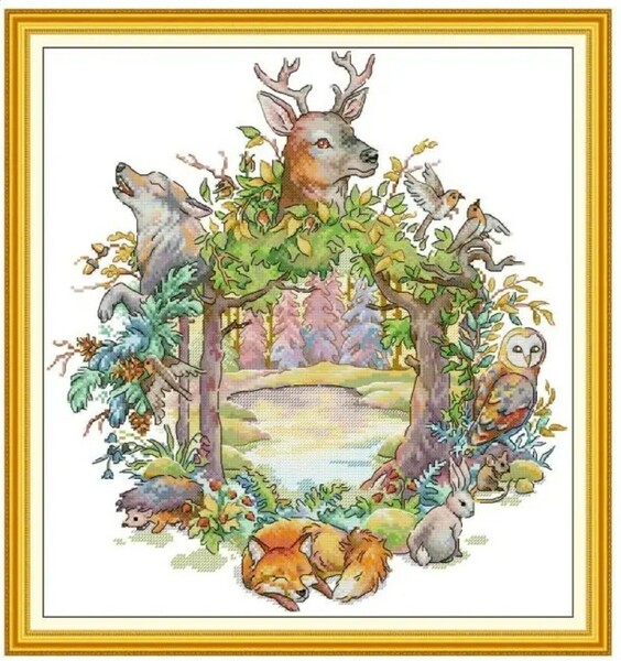クロスステッチキット Forest Wreath 森の動物たち 14CT 図案印刷なし 40×42cm 刺繍