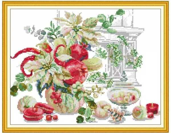 クロスステッチキット Winter Berry Bouquet ポインセチア マカロン 14CT 40×32cm 図案印刷あり 刺繍 クリスマス