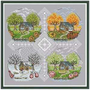 クロスステッチキット フォーシーズン 春夏秋冬 四季 図案印刷あり 14CT 33×33cm 刺繍