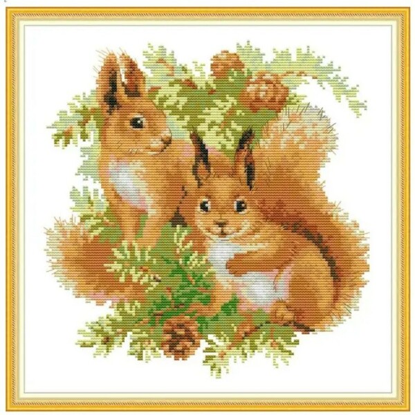 クロスステッチキット Two squirrels 2匹のリス 14CT 33×33cm 図案印刷なし 刺繍 秋