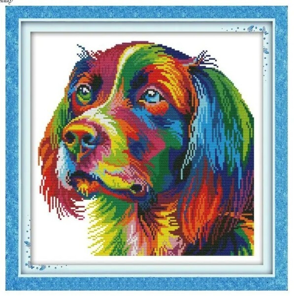 クロスステッチキット レインボードッグ 犬 Rainbow dog 14CT 34×34cm 図案印刷あり刺繍