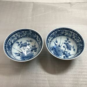 髙峰 丼鉢 鉢 絵柄 和風 ブルー 和食器 丼物 銘入り 陶芸 工芸 陶器 絵 中古品