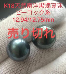 K18天然南洋黒蝶真珠　丸系ピアス　12.94/12.75mm