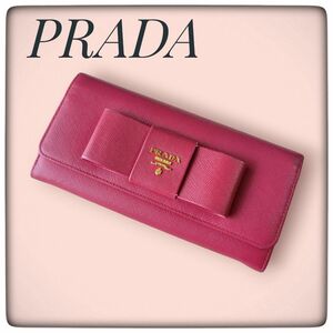 【PRADA】リボン 二つ折り長財布 赤 サフィアーノレザー ピンクレッド プラダ プラダ長財布